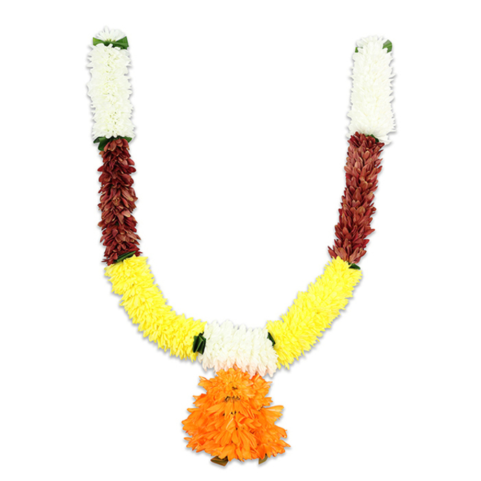 A traditional toran captured against a stark white background, this U-shaped artificial garland balances formality with the friendly informality of local festivity - the sort of decoration brought out for Diwali or a family wedding in a Highgate terrace. From the top of each arm, dense clusters of creamy-white petals form neat vertical beginnings, their small chrysanthemum-like heads offering a soft, subdued counterbalance to the brighter sections below. Below these sits a band of rich reddish-brown material: flattened, slightly textured petals that read like aged leaves or terracotta-hued blooms, lending a warm, stabilising tone before the garland opens into its principal curve. The main body is a lush, bright yellow, composed of fluffy marigold-reminiscent flowers that create the generous U-curve; the yellow is buoyant and celebratory, the petals densely threaded so the strip feels plump and tactile. Small bright-green accents appear at the colour transitions, subtle but important as visual seams that suggest foliage or fastening ribbons. At the lowest point a single, striking orange cluster hangs: layered, ruffled, and voluminous, it acts as a pendant that anchors the whole composition. Studio light accents the layered textures and the gentle sheen of the synthetic petals, creating soft highlights along each curve. This garland reads as both devotional and decorative - perfect for a puja altar, temple arch, or doorway in Highgate Village near Pond Square and suitable for repeated use at festivals like Ganesh Chaturthi, Pongal or housewarmings where a permanent, colourful welcome is desired.
