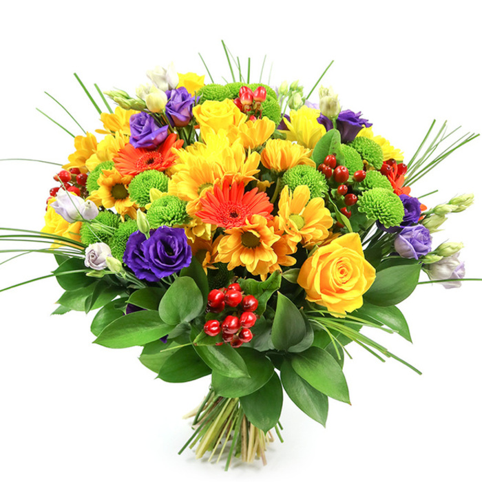 A richly coloured, round bouquet stands out vividly against a clean white background, the clarity of the setting allowing every petal and leaf to be appreciated, much like inspecting a fresh arrangement inside a Highgate studio. The composition is full and domed, brimming with blossoms that evoke joy and generous celebration. At the centre, luminous yellow roses unfurl in smooth spirals, framed by soft yellow chrysanthemums and delicate, daisy-like yellow flowers that together create a warm halo of sunshine. Staggered between these blooms are fiery orange gerbera daisies, instantly recognisable by their bold, flat petals radiating from darker centres, as well as smaller orange daisies that echo their energy and extend the warm spectrum. Balancing these bright tones are velvety purple lisianthus flowers, their petals layered like tiny roses, each bloom introducing depth and sophistication. A few paler lavender buds peek out here and there, softening the contrast and adding a romantic, slightly whimsical tone reminiscent of an evening walk through Waterlow Park. Crisp lime-green button chrysanthemums are sprinkled throughout the bouquet, spherical and neatly textured, bringing a lively, refreshing twist that keeps the design feeling modern and uplifting. Nestled within the petals are clusters of shiny, ruby-red hypericum berries, adding a subtle festive touch and a pleasing, rounded texture different from the flowers. The base of the bouquet is structured with glossy, dark green foliage, likely Ruscus, that curves around the stems and acts as a deep, rich backdrop. Rising through the arrangement, slender blades of ornamental grass add height and gentle movement, as though the flowers had just caught a light breeze. The stems are visible and neatly gathered at the bottom, marking it as an expertly tied gift bouquet, ideal for delivery across Highgate to mark birthdays, thank-you gestures, or simply to brighten a quiet corner of the home.