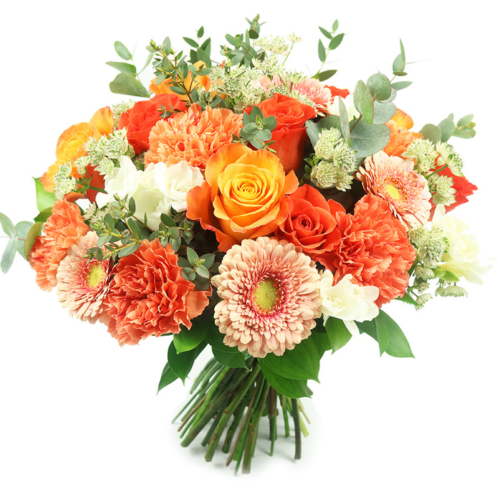 Presented against a pristine white background, this luxurious, hand-tied bouquet feels abundant yet refined, its warm palette of oranges, peaches and golds arranged with careful attention to rhythm and texture. Prominent, fully opened roses-some in deep, flame-like orange and others in luminous golden yellow-provide dramatic focal points, their layered petals forming elegant spirals. Interwoven among them are plush coral and burnt-orange carnations whose ruffled, multi-layered petals add sumptuous volume and a soft, inviting touch. The arrangement is softened by peach-hued gerbera daisies whose wide, radiating petals and subtle green-yellow centres introduce both cheer and a modern botanical geometry. Scattered throughout are tiny white accent blooms-suggestive of freesia or delicate spray flowers-that offer bright punctuation and a delicate fragrance. Pale green, astrantia-like filler and feathery foliage peek through to create depth and a meadow-fresh feel, while silvery-green eucalyptus leaves with their rounded shapes lend a cool counterpoint and an aromatic, herbal note. The bouquet's stems are expertly gathered and tied at the base, showing the care of a studio hand-tied design ready for a vase or presentation. The overall impression is one of warmth, celebration and considered craftsmanship-a perfect choice for autumnal centrepieces, anniversary bouquets or an elegant gift from a Highgate florist to mark special moments near Highgate Village, Archway or Hampstead Heath with seasonal splendour.