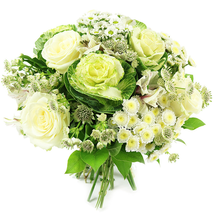 A contemporary hand-tied bouquet in white, cream, and verdant greens stands out vividly against a plain white background, its rounded form and intricate textures drawing the eye in the way a calm corner of Highgate Cemetery might invite quiet reflection. The central blooms are large white roses brushed with soft cream, fully opened so that their layered petals curl back to reveal generous, velvety centres. Their classic beauty sets a serene tone for the composition. Interwoven among them are ornamental kale heads, the so-called flowering cabbages, whose outer leaves are a deep, leafy green and whose centres are tightly packed whorls of pale chartreuse flushed with yellow-green. These sculptural forms introduce a modern, almost architectural presence within the bouquet. Fine clusters of white spray chrysanthemums and small daisy-like flowers nestle around and between the larger blooms, their thin petals fanning out around tiny greenish-yellow hearts, bringing lightness and a cheerful texture that keeps the design from feeling too formal. Slender stems of astrantia add further detail, each bearing a constellation of minute, star-shaped flowers in soft greenish white, giving the bouquet a slightly wild, natural flourish. Subtle hints of white alstroemeria, with narrow petals and faint markings, are tucked in discreetly, enriching the visual depth. Surrounding all of this is a collar of lush foliage in varied tones of green, from glossy dark leaves to softer, mid-green stems, shaping the bouquet into a full, domed silhouette. The exposed stems, neatly gathered and tied, highlight its hand-tied craftsmanship, typical of Flowers Highgate's work for local homes near Pond Square or along Archway Road. The arrangement conveys purity, calm strength, and understated sophistication, perfect for weddings, anniversaries, sympathy tributes, or elegant gifts delivered across the Highgate area.