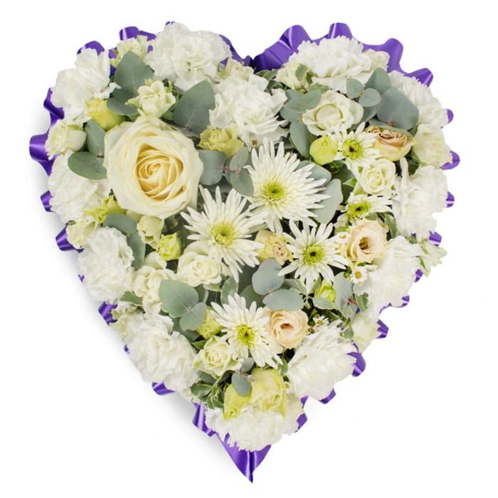A beautifully constructed heart-shaped floral tribute is presented against a crisp white background, composed entirely of soft white, cream, and very pale yellow blossoms that together create a sense of peace, ideal for a funeral or remembrance service in the Highgate area. At the very centre lies a large creamy-white rose, its petals still slightly furled, symbolising tenderness and enduring affection. Radiating out from this central bloom, lush white carnations form the main body of the heart, their distinctive ruffled petals overlapping to give a plush, cushioned look. Threaded between them are white spider chrysanthemums and daisy-like blooms, whose fine, radiating petals and faint green centres add contrast, movement, and a slight sparkle as they catch the light. Small rosebuds in shades of ivory and pale lemon, some showing the gentlest hint of blush, are nestled here and there, evoking the many smaller memories that make up a life. Tiny clusters of lime-tinted buds and delicate filler flowers give the arrangement a hint of freshness, preventing the palette from feeling heavy. Soft, silvery-green eucalyptus foliage is carefully tucked throughout, its rounded leaves peeking from between petals to create depth and a natural, tranquil atmosphere reminiscent of a quiet corner in Highgate Wood. The entire heart is framed by a deep purple, ruffled ribbon, carefully pleated to echo every curve and point, giving the tribute a clear outline and a touch of ceremonial richness that feels right for services around Highgate Cemetery or local churches. The even lighting and clean background emphasise the craftsmanship and the freshness of the blooms. This heart-shaped arrangement speaks of dignity, remembrance, and love, a classic sympathy piece likely to be chosen by families who value traditional, beautifully finished funeral flowers in Highgate.