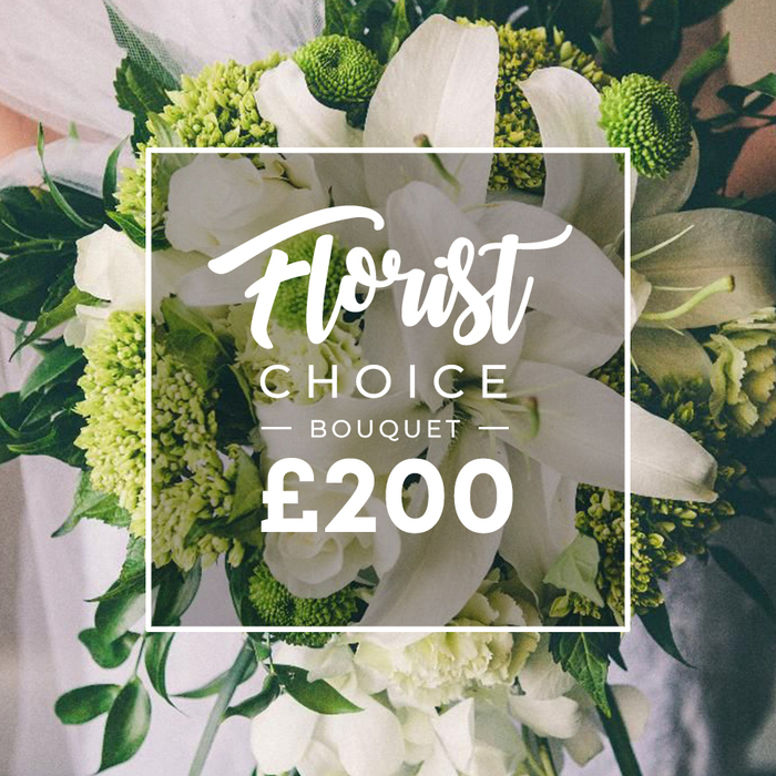 A lush, hand-tied bouquet commands attention with its white-and-lime palette and architectural balance. Large white blooms-likely lilies or refined roses-open their wide petals, creating a sense of purity and grandeur, while clusters of smaller white flowers add texture and softness. The lime-green elements-dense, rounded heads reminiscent of Green Trick dianthus or viburnum-provide a striking, modern punch that keeps the arrangement contemporary. Dark green foliage fills the spaces between stems, adding depth and an emerald base that underlines the bouquet's elegance. The bouquet is held, hand-tied, and presented against a softly blurred backdrop that hints at a wedding dress and an arm, making the floral gift feel intimate and celebratory. The overall effect is one of sophisticated simplicity, a high-end piece from Flowers Highgate designed to suit a grand event, a wedding, or an anniversary. A clean, white frame sits atop the image, bearing the word Florist Choice in an elegant script, the uppercase 'CHOICE BOUQUET' flanked by small dashes, and a large '?200' at the bottom as the price indicator. The composition communicates premium craftsmanship, ready for same-day delivery across Highgate, with attention to the surrounding neighbourhoods like Highgate Village, Crouch End, and Waterlow Park, where couples and families alike can enjoy a thoughtfully curated bouquet that blends classic white florals with contemporary greens.