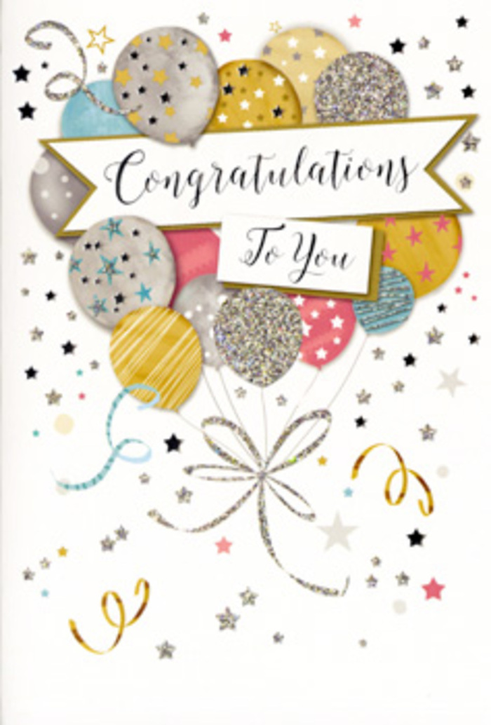 In this image, a stylish congratulations card stands like a little celebration tableau, its design echoing the gentle charm of a Highgate afternoon. The artwork centres on a full cluster of balloons that seem to float up from the base of the card, their round forms overlapping to create a soft, cloud-like mass. The balloons are rendered in a harmonious mix of colours-glowing gold, shining silver, soft champagne, cool sky blue, dusty blush pink, and gentle stone grey-that blend together in a refined, almost champagne-toned palette. Each balloon is embellished with fine patterns: slender vertical stripes, scattered stars, and lightly speckled glitter-like textures that look as though they've been added with metallic foil and shimmering ink. These details catch the eye much like sunlight reflecting off leaves in nearby Highgate Wood. A pair of delicate ribbons, one gold and one silver, twist and loop through the arrangement, visually anchoring the balloons and adding a feeling of movement. Across the middle of the design, a graceful banner stretches horizontally, slightly curved at the ends as if gently lifted by the surrounding balloons. On the banner, the words Congratulations To You are written in flowing, calligraphic lettering, giving the card a classic, heartfelt tone. Around the edges of the balloon cluster, tiny metallic stars and ribbon curls drift across a pale, understated background, creating the impression of confetti slowly settling after a toast. The overall feeling is of quiet, elegant celebration-perfect for acknowledging achievements like exam success, a new home, a promotion, or a significant personal milestone. It's the kind of card you could imagine nestled into a bouquet from Flowers Highgate, ready to be delivered to a home near Waterlow Park or along Archway Road with a message of genuine pride.
