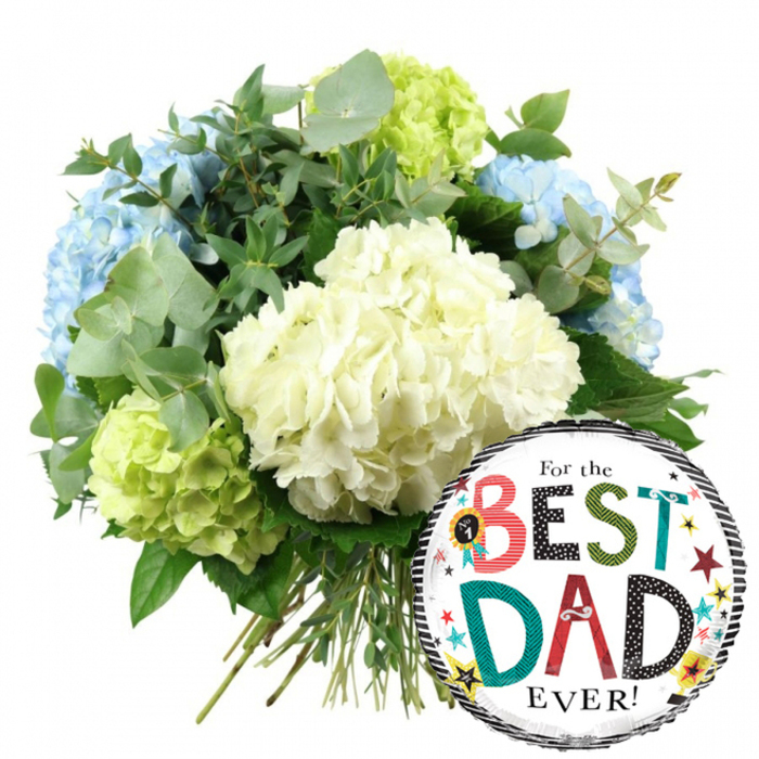 A bright, modern Father's Day gift set is featured in this image, set against a pure white background that makes every colour appear crisp and defined. The focal point is a generous bouquet of hydrangeas occupying the upper left and central part of the frame. At the heart of the bouquet, rounded clusters of creamy white hydrangeas create a soft and voluminous centre, their myriad small petals overlapping to form cloud-like domes. Around these, light blue hydrangeas appear at the left edge and near the top, bringing a cool, calming palette that mirrors the serene, leafy character of Highgate's residential terraces. At the lower left and along the right-hand edge, lime-green hydrangeas and accents introduce lively, fresh notes, enlivening the arrangement with a sense of renewal and cheerful energy.   

Interwoven throughout are sprays of silvery-green eucalyptus, their flat, rounded leaves adding gentle movement and a subtle, herbal presence. Darker green foliage sits behind and between the blooms, providing contrast and framing the hydrangeas so they appear even more lush. The straight green stems extend downward and are neatly tied at the base, showing that this is a classic hand-tied bouquet ready to be placed into a waiting vase on a Highgate windowsill or dining table. In the lower right quadrant of the image, overlapping the bouquet slightly, is a glossy, round foil balloon. The balloon's central panel is a clean white space bordered at the top and bottom by bold black and white stripes, giving it a slightly retro yet stylish feel. Across the centre, the phrase For the BEST DAD EVER! is printed in playful, mixed typography. For the and EVER! are in simple black text, while BEST and DAD alternate between red, teal, green, and black letters, some striped, some polka-dotted, all designed to catch the eye. Small stars in various colours, along with confetti-like dots and a modest No. 1 rosette icon, are scattered around the words, echoing the spirit of a celebration. The combination of elegant hydrangeas and fun balloon creates an image that feels perfect for honouring a special dad in Highgate on Father's Day, his birthday, or any day of appreciation.