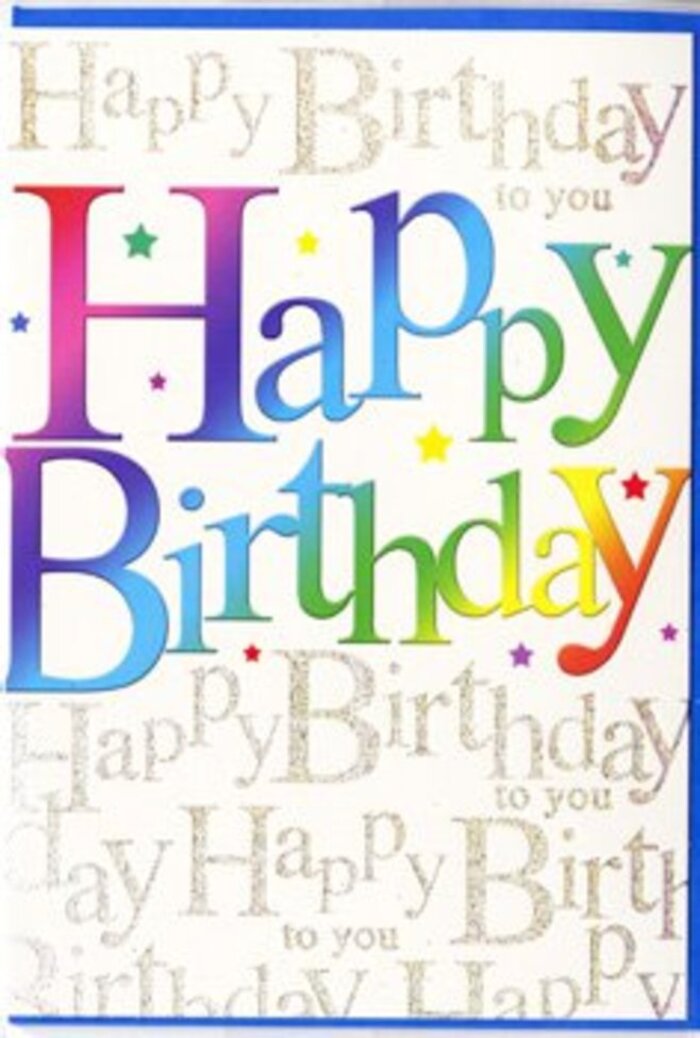 In this photograph, a jubilant birthday card takes centre stage, its artwork as thoughtful and vibrant as a carefully arranged display in a Highgate florist. The main feature is the bold proclamation Happy Birthday, printed in large, rounded letters that arc gently across the card's surface. Each letter is a miniature gradient in itself, beginning in shades of rich red and fuchsia, drifting into cool blues, then into refreshing greens and finally soft, sunny yellows. The transitions between colours are smooth and velvety, never abrupt, creating the same sort of harmonious blend you might see when different flower varieties are brought together in a single, balanced bouquet. These multicoloured letters look marginally raised, lending them a tactile quality that invites the viewer to imagine tracing each one, feeling the edges where the ink thickens. Beneath this colourful headline, the entire background is alive with looping golden script that repeats the phrase Happy Birthday to you in an elegant cursive style. The gold glimmers softly, like lamplight along Highgate Hill at dusk, adding refinement and depth without overwhelming the bright greeting in front. Small, scattered flecks and subtle star shapes, in shades matching the main lettering, are sprinkled across the card, evoking confetti drifting down after a burst of laughter and applause. The surface appears satin-smooth with a gentle, reflective sheen that enhances the interplay of colour and metallic highlights. The overall effect is joyful yet graceful-a card that feels perfect for marking an important birthday, perhaps delivered with a lush bouquet to a home overlooking Waterlow Park, where the sentiment and the design together create a lasting, cheerful memory.