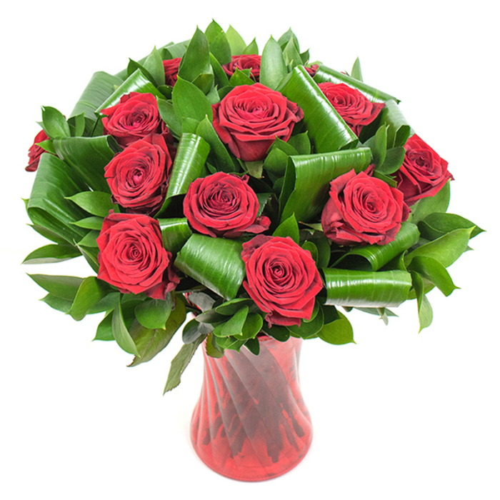 A striking, hand-styled bouquet of deep crimson roses-twelve or more heads in full, opulent bloom-sits in a slender, ruby-red glass vase against a clean white backdrop. Each rose presents a dense, velvety spiral of petals, the kind that release a classic, soft rose scent and read as intensely red under even lighting. Surrounding and elevating the blooms is an abundant assortment of dark green foliage: glossy, flat leaves form a lush base while distinctive larger leaves are folded and rolled into elegant cylindrical loops that frame the rose heads with a contemporary architectural flourish. Those shaped greens both cradle the flowers and build a sense of depth, guiding the eye from the tight centres of the roses to the vase below. The vase itself has a subtle ribbed or twisted texture and a graceful silhouette-narrowing slightly at the waist and flaring at the top-its translucent ruby tone amplifying the bouquet's passionate palette. Set against white, the composition reads cleanly and dramatically, ideal for a romantic gift or a sophisticated centerpiece. As a local florist in Highgate I would recommend this style for anniversaries, Valentine's Day, or refined celebrations around Highgate Village, Waterlow Park, or the streets near Archway; at Flowers Highgate we often fold leaves this way to add structure, contrast and a modern finish to a very traditional symbol of love.