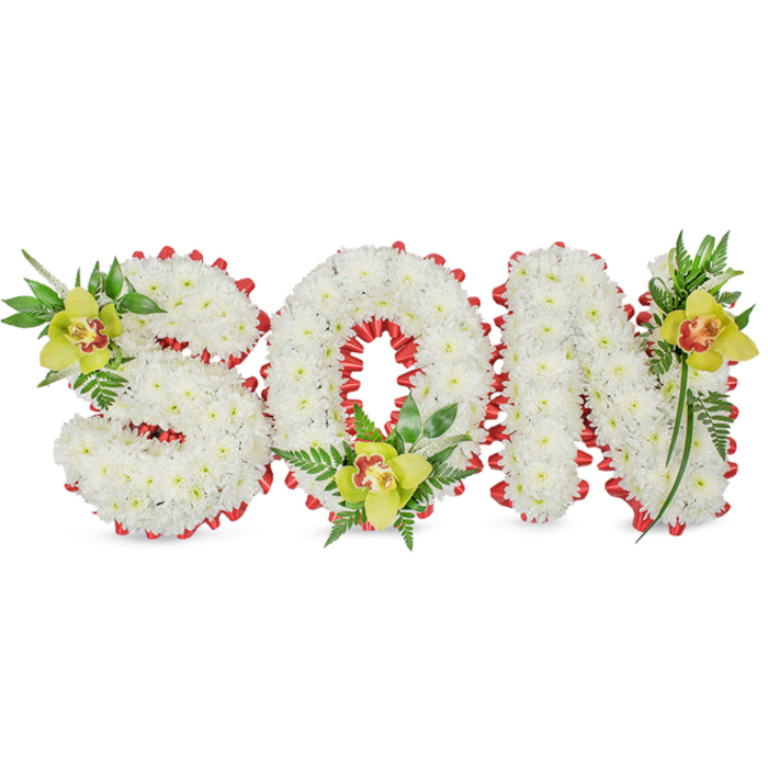 A thoughtfully crafted memorial spelling SON, assembled by experienced local florists at Flowers Highgate, presents a dignified and intimate tribute made entirely of small, immaculate white chrysanthemums. Each capital letter is densely finished to appear almost sculptural - cloud-like and full - and is outlined with a continuous, scalloped red ribbon that weaves around the outer edges and nestles into the O's hollow, creating a precise, heartfelt contrast that reads as both tender and resolute. Careful placement of three lime-green Cymbidium orchids anchors the design: the first rests in the upper left curve of the S, the second cradles the lower interior of the O, and the third accents the upper right of the N. The orchids display pale orange to reddish-brown markings in their throats and, with their waxy sheen, offer a cool, refined counterpoint to the chrysanthemums' soft texture. Interspersed throughout are glossy green leaves and fine fern fronds that trail and lift, lending a natural rhythm and a sense of upward movement, a visual metaphor for remembrance and hope. Presented on a plain white background with soft, directional lighting, the bouquet highlights meticulous craftsmanship and emotional care - qualities families in Highgate often seek when arranging commemorations at local venues such as Highgate Cemetery, nearby Swains Lane chapels, or community services around the village green. This arrangement is intended as a personalised funeral tribute, conveying love, reverence, and the enduring memory of a beloved son.