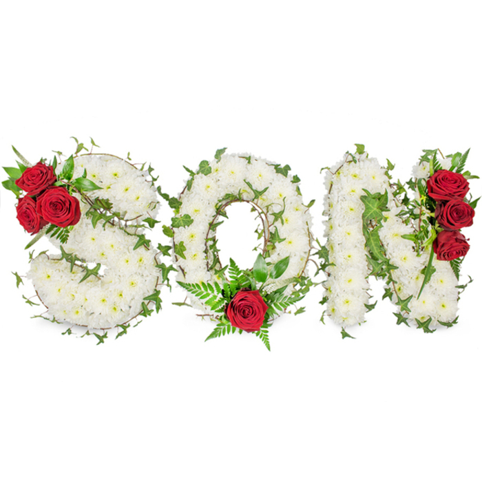 A meticulously composed memorial piece spelling 'SON' in generous capital letters, captured on a clean white background so every detail of the floristry is visible. Each letter is formed from a dense carpet of small, pristine white spray chrysanthemums, their tightly packed heads creating a soft, cloud-like texture that speaks of purity and respect. Intertwined throughout the letters are sprigs of glossy green ivy, their winding stems tracing the shapes and offering a living contrast that evokes enduring memory. Deep red roses act as the arrangement's emotional anchors: the 'S' is punctuated at its upper left curve by a cluster of three full-bloom roses with rich, dark foliage; the 'O' bears a single, prominent red rose poised at its lower centre and cradled by light, feathery fern; and the 'N' carries a vertical trio of red roses along its right side, again set against supportive green leaves. Soft, natural lighting brings out the subtleties - the creamy undertones of the chrysanthemums, the silky sheen of rose petals, and the varied greens of the ivy and ferns - while the composition's craftsmanship remains immediately readable. Created with the thoughtful attention of a local Highgate florist, this kind of personalised funeral letter tribute is often chosen for services at Highgate Cemetery, chapel viewings in Highgate Village, or family-led graveside farewells, offering a direct, heartfelt way to honour a son. Flowers Highgate prepares similar pieces with the same reverence, focusing on texture, colour harmony and dignified presentation.