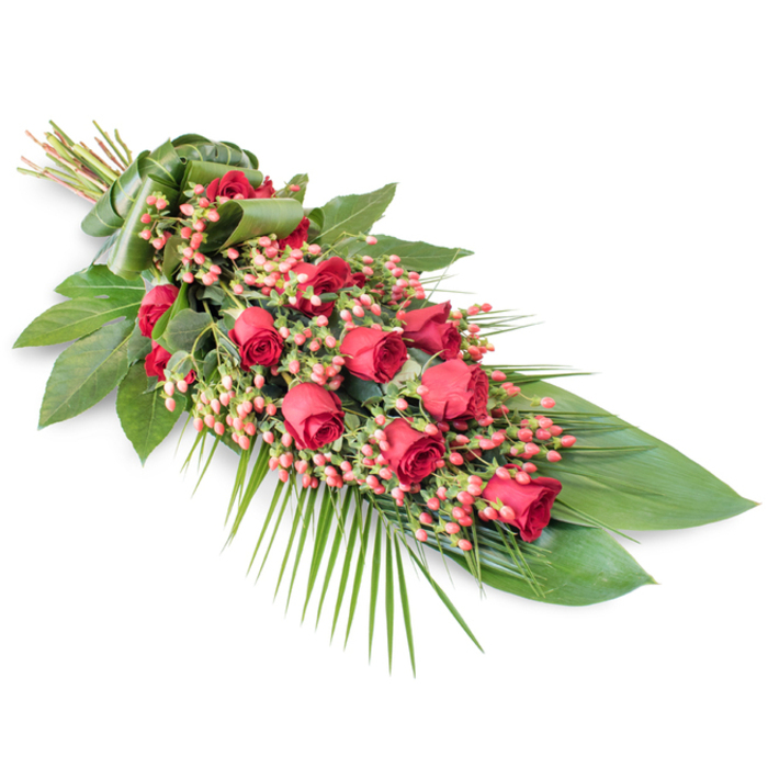 An elongated funeral spray lies diagonally across a stark white background, its sculpted form drawing attention to every flower and leaf. Running through the centre is a line of opulent red roses, the blooms closely nestled together so their velvety petals create a continuous ribbon of colour. Some roses are still modestly closed, others just beginning to open, and a few fully unfurled, symbolising a life journey remembered in all its stages. Threaded between this ribbon of roses, clusters of Hypericum berries in soft coral and pink-red hues form small, rounded accents that lighten the composition and add gentle texture. The floral elements are cradled within luxuriant greenery. Broad, dark green leaves with a smooth, glossy surface provide a substantial base, while light, feathery palm fronds and slender stems of finer foliage spill outward, especially towards the lower right edge, softening the outline and evoking a sense of gentle movement. At the upper left, all the stems are tightly gathered and concealed beneath a skillfully folded wrap of green leaf, which creates a neat, formal binding instead of a visible ribbon. The overall silhouette is long and tapered, forming an understated teardrop or sheaf shape often chosen for placing on or beside a coffin. The restrained but powerful mix of crimson roses and deep green foliage feels entirely at home in Highgate's quiet, leafy streets, whether placed in a local church, at a crematorium chapel, or carried to a graveside near Highgate Woods. This tribute feels composed to offer solace and dignity, a graceful way to express condolences and honour a life with beauty and care.