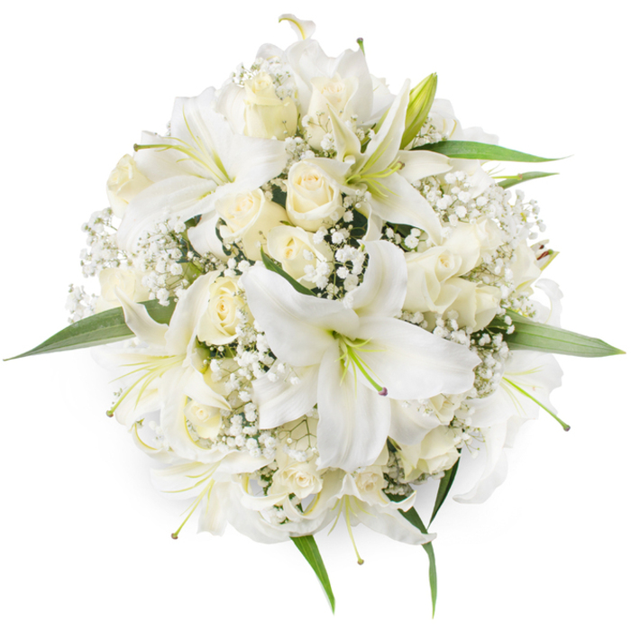 From an overhead perspective, this perfectly symmetrical bouquet presents a refined, almost architectural arrangement of white and cream blooms set against a pristine white surface. Several large white lilies dominate the scene, their broad petals sweeping back to reveal pale green stamens and hints of deeper hues at the throat, creating focal points of subtle contrast. Interspersed between these dramatic lilies are clusters of creamy ivory roses - some tightly coiled, others beginning to open - their layered petals forming plush rosettes that soften the composition. Sprigs of Baby's Breath (Gypsophila) thread through the spaces like miniature clouds, adding intricate detail and an ethereal lightness that balances the stronger floral forms. Small green leaves appear sparingly at the circumference, their fresh tones grounding the bouquet and defining its round outline.
Rendered in soft, diffuse light, the bouquet conveys a feeling of purity and timeless beauty, well suited to weddings, anniversaries, and refined events throughout the Highgate area - from intimate gatherings in the Village to receptions near Spaniards Road or Highgate West Hill. The tactile contrasts - the lilies' satin-smooth petals, the velvet of the roses, the feathery Baby's Breath - speak to careful floral craftsmanship and an attention to sensory harmony. This arrangement is designed to comfort and uplift, offering a quiet celebration of new beginnings or a composed expression of sympathy, all with the nuanced, local sensibility familiar to florists serving north London.