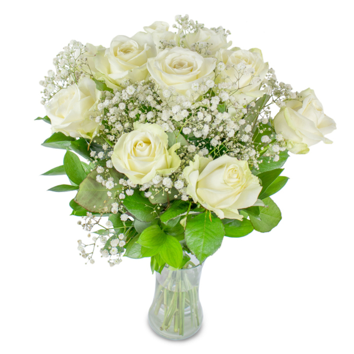 This composition tells a story of quiet refinement: a cluster of about twelve creamy white roses, their petals layered in soft spirals, some opening wide in confident bloom while others remain gently cupped, suggesting a life in progress. Interspersed among the primary roses, fine sprays of baby's breath (Gypsophila) create a shimmering veil of tiny white points that catch the light like distant stars, lending the bouquet a lace-like, romantic quality. The leaves beneath range from deep, cool emerald to brighter lime tones, their satin sheen and prominent veins giving a tactile, grounding contrast to the delicate blooms above. The bouquet is set in an unadorned clear glass vase, revealing the neatly trimmed stems and a fresh water line that underscores the cut flowers' immediacy and care. Photographed against a pristine white background with soft natural illumination, the arrangement's subtle cream and ivory hues are rendered with calm clarity, inviting a slow, appreciative gaze. There is a soft, green-tinged scent-more reminiscent of a shaded greenhouse than a perfumed shop-eliciting images of early morning light through glass and the hush of Highgate's quieter lanes near Highgate Wood. This floral design suits milestone moments-weddings, anniversaries, or a consoling tribute-its understated beauty conveying respect, affection, and quiet joy. From a florist's viewpoint, each stem is placed to achieve a balance of movement and stillness, so the eye travels gently across bloom to bloom without ever feeling rushed.