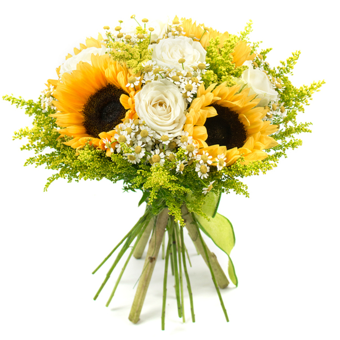 A vibrant bouquet of sunflowers and white roses is captured against a clean, white backdrop, allowing each flower and leaf to be seen clearly, as though arranged on a studio table in Highgate. At the heart of the design, several generous sunflowers face outward, their dark brown, seed-dense centres framed by multiple rows of rich, golden-yellow petals that curve slightly at the edges, creating a sense of depth and movement. Intertwined among these bold blooms are plush white roses, their petals creamy and velvety, folding inward in sculpted spirals that suggest quiet sophistication. Throughout the bouquet, clusters of small white daisy-like flowers with golden-yellow centres appear in loose sprays, resembling chamomile from a cottage garden and adding a fine, intricate texture that lightens the composition. Encircling the blooms is a profusion of bright chartreuse-green foliage, with slender, feathery stems similar to solidago, whose tiny buds and delicate leaves lend the bouquet a fresh, meadow-inspired softness. The stems are drawn together firmly, aligned in a neat bundle and wrapped with a lime-green ribbon that holds everything securely while echoing the lively tone of the greenery. The arrangement forms a rounded, generous dome of flowers and foliage that feels balanced from every angle. With its warm yellows, calm whites, and vivid greens, the bouquet suggests cheerful gatherings and heartfelt messages, perfect for celebrating a successful exam result at a local Highgate school, welcoming guests to a dinner near Swain's Lane, or sending a bright, comforting gesture to someone special across N6.