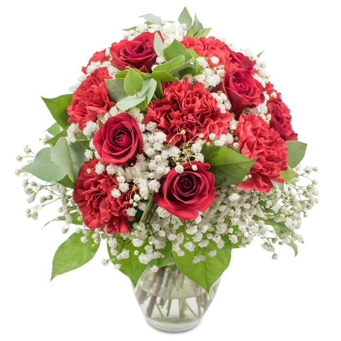 A classic red and white floral arrangement stands in a transparent glass vase, isolated against a bright white background that enhances every colour and contour. Dominating the bouquet are deep, velvety red roses, each with petals neatly coiled into graceful spirals, suggesting both refinement and passionate feeling. Surrounding them are lush red carnations, their many ruffled petals creating soft, rounded blooms that lend the design a rich, cushiony volume. Threaded between the red flowers is a light halo of white baby's breath; the tiny, cloud-like blossoms offer a delicate visual pause, bringing in brightness and a sense of quiet innocence. Greenery plays a supporting role, with dark, glossy rose leaves creating structure and rounded eucalyptus leaves in soft, silvery-green tones introducing gentle contrast and a hint of cool, aromatic freshness, much like the air on an early stroll through Highgate Cemetery's tree-lined paths. The composition is sculpted into a rounded dome, with no harsh angles or empty spaces, reflecting the practiced hand of a florist used to creating centrepieces for Highgate homes and local gatherings. The clear glass vase has a subtly flared opening and a sturdy base, and through the transparent sides you can see the neatly cut stems gathered together in clear water, emphasising the bouquet's freshness and careful conditioning. Clean, even lighting reveals the velvety surface of the rose petals, the feathered edges of the carnations, and the fine, branching stems of the baby's breath without introducing distraction. The overall atmosphere is romantic yet composed, ideal for anniversaries, Valentine's gifts, or sending a sincere message of appreciation or sympathy across N6.