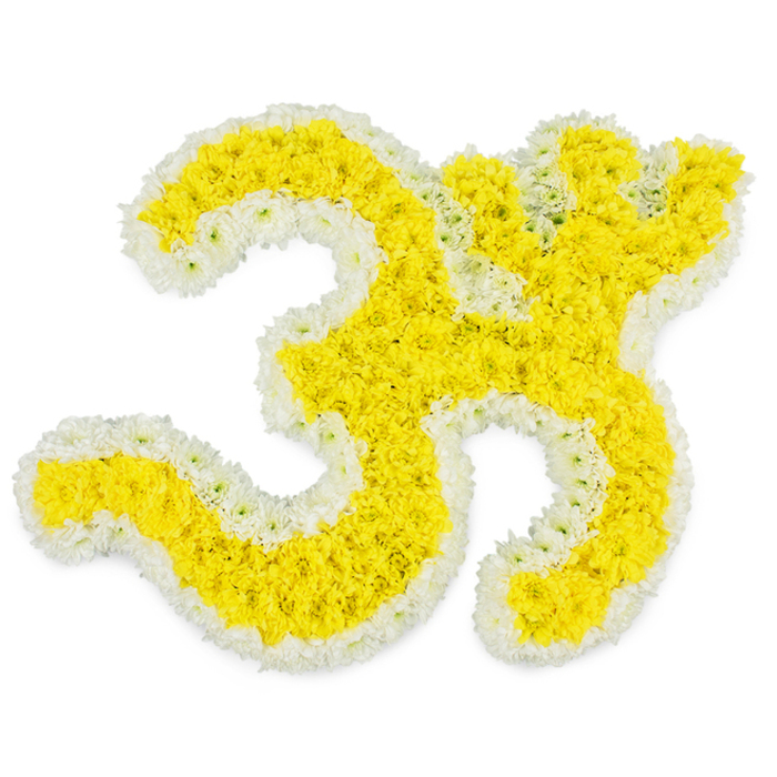 The photograph shows a meticulously crafted Om symbol arranged entirely from flowers, a thoughtful funeral tribute that blends artistry and spiritual meaning. The main body of the Om is composed of tightly clustered yellow blossoms, likely petite chrysanthemums or marigolds commonly used in Hindu ceremonies, each flower sitting so close that their petals form a continuous, velvety surface. This bright yellow sweeps along the lower curve, rises into the inner arch, and then flows into the upper crescent of the symbol, giving it a sense of movement and gentle rhythm. Encircling this golden field is a fine, crisp outline of white flowers, following every contour with remarkable precision, right up to the small detached dot that completes the Om. The white petals form a neat border that heightens the contrast, making the sacred shape immediately clear even from a distance. The entire arrangement is set off by a seamless white background and evenly lit studio lighting, which removes any distractions and lets the two colours speak for themselves: yellow for life, devotion, and auspicious beginnings, white for purity, peace, and the stillness that follows a final farewell. Each bloom appears fresh and carefully handled, suggesting the work of an experienced local florist in Highgate who understands both the technique and the cultural weight of the symbol. Imagined within a service at a chapel near Highgate Wood or overlooking the trees by Dartmouth Park, this floral Om would stand as a focal point for prayers and remembrance. It offers families a deeply personal way to honour a loved one whose life was guided by Hindu faith, meditation, yoga, or a quiet sense of spiritual seeking, bringing comfort to those gathered through its serenity and subtle radiance.