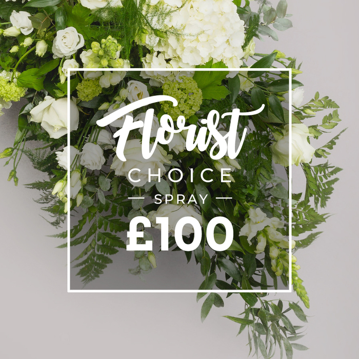 Wrapped in soft morning light, the white and green spray rests as a quiet statement of grace. A cloud of white hydrangeas sits high, with classic white roses dancing through at different stages, and slender lisianthus threads weaving between them, some tinted with green. The greenery-the feathery ferns, eucalyptus with grey-green leaves, and broad, deep green ruscus-creates depth, like a forest edge around a pristine winter garden. The background is a pale grey that makes the bouquet glow. In the center, a thin white border frames the overlay: Florist Choice, then SPRAY, with a price of ?100 in bold white numerals. The overlay is semi-sheer, letting the leaves peek through as if the bouquet breathes. This Florist Choice Spray is a premium offering by Flowers Highgate, designed to convey quiet dignity for remembrance, memorials, or sophisticated home decoration. The arrangement is clearly designed for delivery across Highgate and nearby neighborhoods, available for same-day service to several local streets and venues, from the heart of Highgate Village to leafy sides of Crouch End and beyond.