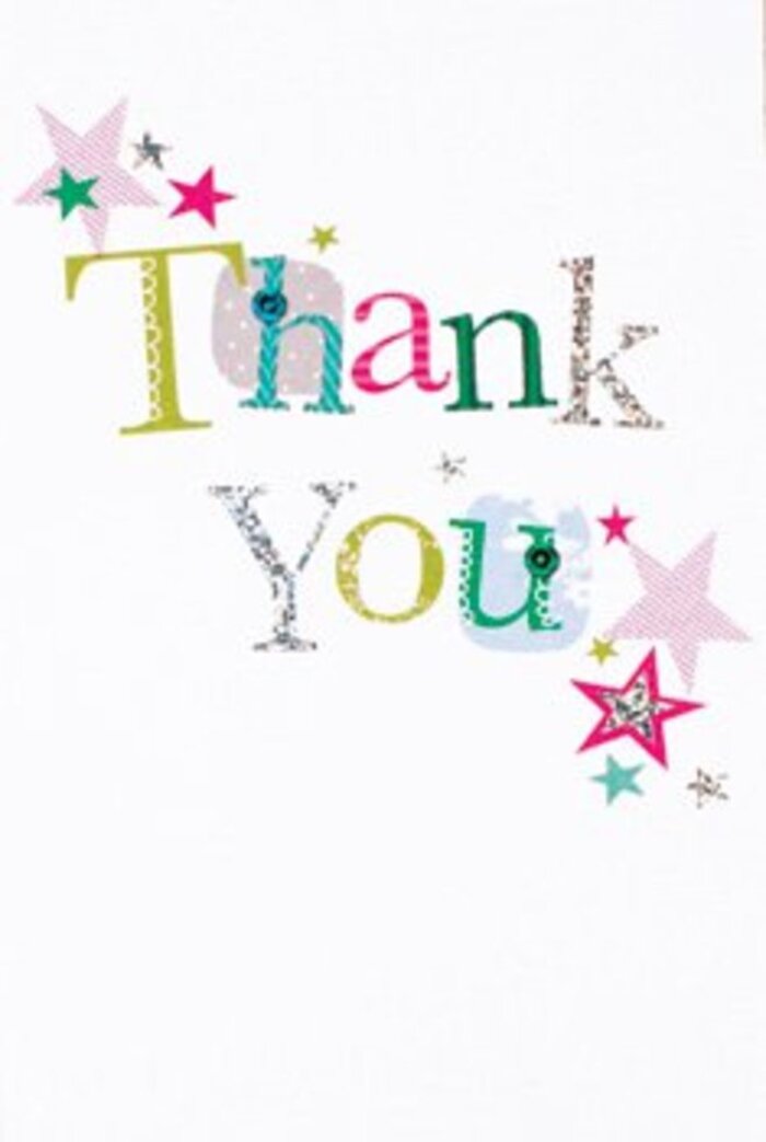 The thank you card before me exudes understated elegance-much like the refined yet welcoming feel of Highgate itself. Each letter in the phrase 'Thank You' is a mini-masterpiece: some dance with dots or animated curves, others rest in graceful turquoise, magenta, or silver, all balancing playfulness and style. Around the message, constellations of vibrant stars cluster together, some patterned in sparkling pink stripes, others shaded in deep blue or shining silver, reminiscent of bursts of local fireworks above the Heath. The composition is modern and inviting, set against a flawlessly white backdrop that lets every detail glow. There's a soft tactility to the printed textures, and a subtle shimmer that lifts the card's joyful mood. Whether tucked beside a bouquet for a thank-you visit near Highgate Woods, or slipped into a gift for someone special on Shepherd's Hill, this card brings a dose of uplifting gratitude-striking that perfect note between sophistication and cheerful warmth that defines our community's spirit.