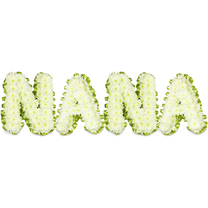 A solemn and carefully composed floral tribute spells the name NANA in large, three-dimensional letters that sit boldly against a clean white background. Each of the four capitals is built from hundreds of pristine white chrysanthemum heads, their small, layered petals packed tightly to form rounded, almost sculptural surfaces that catch soft studio light and reveal subtle depth and shadow. Encircling the perimeter of every letter is a vivid green trim - either lush foliage or a finely pleated satin ribbon - that punctuates the pure white with a crisp, life-affirming contrast and sharpens the silhouette for clear reading during a service or graveside. The overall impression is one of dignified remembrance: white for peace and purity, green for renewal and the continuing cycle of life. As a memorial piece often chosen for a cherished grandmother, this arrangement speaks to respect, enduring affection, and the gentle ritual of farewell. Prepared with care by a florist experienced with local funerary traditions, it suits services near Highgate Cemetery, wakes in village chapels, or commemorations in community spaces around Highgate Village and Swains Lane. Flowers Highgate can recreate this kind of lettering with attention to longevity and presentation, ensuring the blooms arrive fresh and the green edging remains crisp - a tactile, visual tribute that comforts mourners by turning words of love into an elegant living emblem.