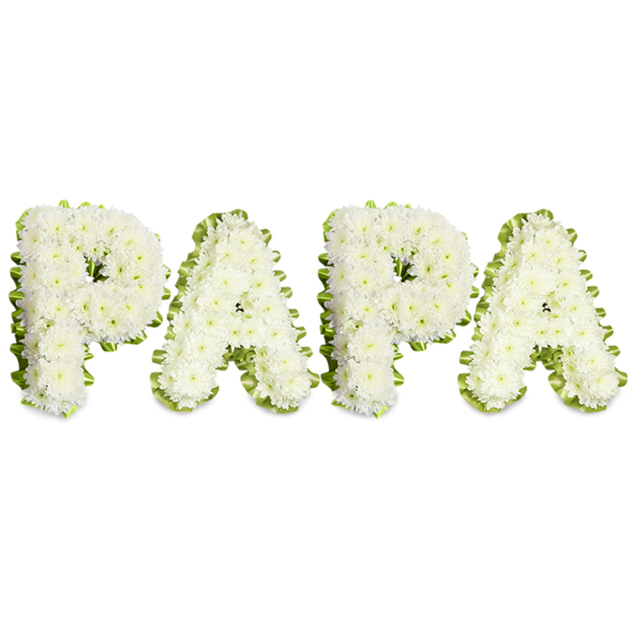 A custom sympathy piece spells out PAPA in a row of four uppercase letters, each meticulously built from tiny, pristine white chrysanthemums that form a rich, tactile surface. The blossoms are placed so densely they create a gentle swell across each letter, a textured softness that invites touch in imagination and conveys a tender human presence. Around the perimeter of each character a pale green, slightly ruffled ribbon forms a neat border, its cool hue lifting the pure white and clarifying the letter shapes against the clean white backdrop. Here and there, very fine strands of pale foliage are visible at the joins and inner curves, adding subtle shadow and a natural, living note that keeps the composition feeling warm rather than austere. The overall impression is one of solemn care: a personalised floral tribute intended for a father or grandfather, to be displayed at a funeral, wake, or memorial service. Soft, even lighting accentuates the chrysanthemum petals' delicate ruffles and the ribbon's satin hint, suggesting the calm of an indoor chapel or the gentle overcast light typical of Highgate mornings. Residents of the area might imagine such a tribute at a service near Highgate Village or carried to a graveside at Highgate Cemetery, where the clean white and pale green speak of purity, peace, and remembrance. The arrangement combines technical skill with a heartfelt message, offering a quiet, dignified way to honour a cherished paternal figure.