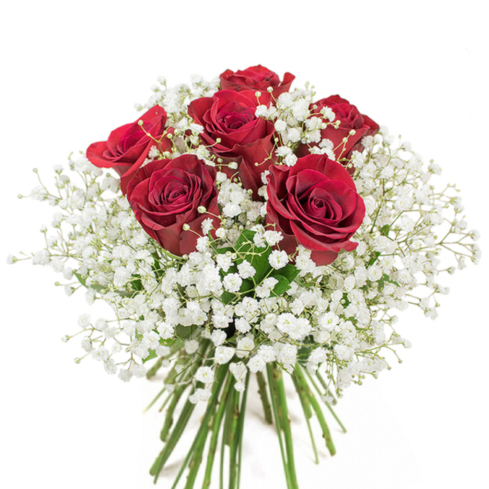 I describe this arrangement as a compact, rounded chorus of deep red roses encircled by soft halos of white gypsophila, photographed here against a crisp white backdrop in even, flattering light. There are about eighteen to twenty roses, each opened to reveal layers of velvety crimson petals whose curves catch the light and create subtle shifts of shade from burgundy to ruby. Nestled between them, the baby's breath unfurls in cloud-like clusters, their tiny five-petalled flowers offering an airy counterpoint and a sense of buoyancy beneath the heavier rose blooms. The clear glass vase exposes the straight, verdant stems, some with slight ridges and a few trimmed leaves, grounding the design in organic texture and lending the composition depth when viewed from the side. The bouquet carries a gentle fragrance-the warm, full scent of red roses softened by the delicate, almost herbaceous whisper of gypsophila-evoking early evening walks in Highgate Village or the quiet comfort of a kitchen table after a stroll through Waterlow Park. The styling is intentionally restrained so the flowers themselves tell the story: celebration, devotion, and classic romance. Whether this piece is chosen for an anniversary in a nearby Georgian flat, a birthday along Swains Lane, or simply to brighten a living room window facing the lane, its balance of sumptuous colour and ethereal white remains immediately affecting. As a florist who often sources local stems and hand-ties each bunch, I aim for this precise union of texture, scent, and proportion so that every recipient feels seen and cherished.