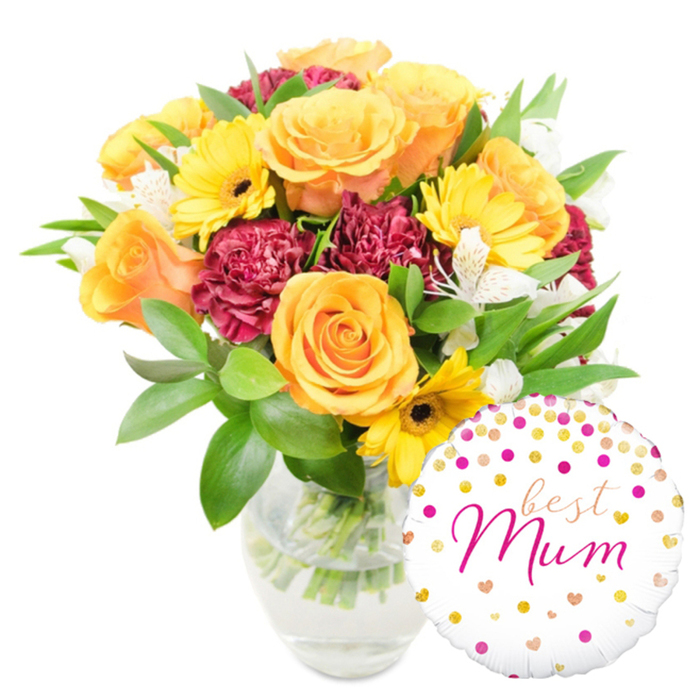 Set against a stark white backdrop, this cheerful floral arrangement reads as a carefully curated gift for a mother or loved one. A simple clear glass vase shows neatly trimmed stems submerged in clean water, reinforcing the sense of freshness and care. The bouquet itself is built around generous orange and peach roses whose petals unfurl in soft spirals, casting subtle shadows that lend depth under diffused studio lighting. Bright yellow gerbera daisies intersperse the composition like flashes of sunshine, their flat faces and dark brown centres anchoring the palette. Interleaved with the bolder blooms are plentiful deep burgundy carnations; their ruffled, layered textures introduce a tactile contrast that invites touch. Scattered white alstroemeria bring delicate, speckled petals that brighten the arrangement and create small pockets of lightness. A rich array of green foliage - glossy broad leaves and fine sprigs - cushions the flowers and adds a verdant frame that enhances colour saturation. To the lower-right, a round white foil balloon overlaps the vase and lower stems; it is dotted with metallic gold and hot-pink confetti-like spots and tiny hearts, while an elegant hot-pink cursive script proclaims best Mum across its face, the lettering slightly larger on Mum for emphasis. The overall mood is celebratory yet intimate, the sort of bouquet that would be set on a table after a Mother's Day brunch in a Highgate home, or presented with a quiet smile on a doorstep near Waterlow Park - a balanced combination of warmth, texture, and sentiment.