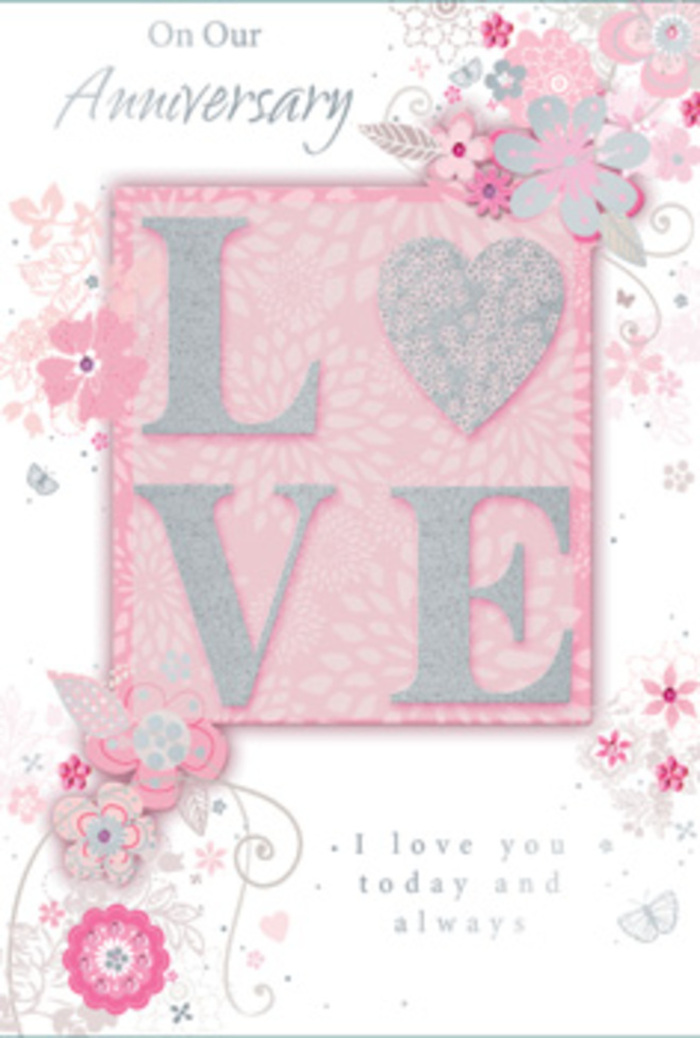 This refined anniversary card feels like a hand-crafted keepsake one might discover in a quiet Highgate boutique, its design unfolding in gentle layers of texture and floral detail. The focal point is the word LOVE, printed in large, raised characters that rise confidently from the card's surface. Each letter is lightly encrusted with silvery glitter, giving a frosted effect that sparkles softly, reminiscent of early light catching the rooftops around Highgate Cemetery on a clear morning. Behind the central word, a panel of blush pink creates a warm, romantic field of colour, soft enough that it never overpowers the eye. From this centre, an arrangement of stylised blooms and curling vines spreads outward across the card. The flowers, depicted in fine lines of blush, pearlescent white, and cool grey, appear almost like an artist's ink drawings inspired by real petals and foliage. Their petals arc and overlap gently, while slender leaves and tendrils weave between them, forming a light, botanical frame that encircles the text. Silver accents add a subtle sheen to select petals and stems, bringing a hint of luminosity that feels sophisticated rather than showy. Nestled among this floral artwork is an elegant anniversary greeting in cursive script, its soft curves mirroring the flow of the surrounding vines. The script communicates love and appreciation in a calm, unhurried way. Soft, even illumination across the card allows the glitter, shading, and intricate linework to be clearly seen, while preserving a sense of intimacy. Overall, the card resembles a pastel bouquet carefully flattened and preserved on paper-delicate, heartfelt, and ideal for honouring years of partnership in a setting as serene as Highgate's leafy lanes.