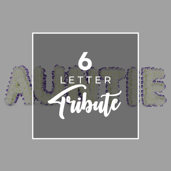 Under the soft morning light that spills along Highgate's lanes toward the village, a bespoke memorial piece assembles the name AUNTIE in six freestanding letters. Each letter is densely built from pristine white chrysanthemums, petals arranged in a plush, cushiony surface that reads as calm and pure. The edges bear a slender border of purple, a ribbon or tiny blooms that add a poised, ceremonial note without stealing the spotlight from the blooms. Against a uniform pale gray background the form stands with quiet dignity. In the center, a white square overlay frames the bold 6 LETTER identifier in a clean sans-serif, while Tribute flows across in an ornamental script, uniting clarity and grace. This arrangement is a living memory: it speaks of the auntie's warmth, the family bonds, and the community around Highgate that gathers in times of sorrow. The fragrance is subtle, the texture velvety to the touch, and the overall composition communicates both loss and gratitude in balance. As a local florist with a studio near Highgate, I understand how such a piece becomes a focal point at funerals, wakes, or memorials, guiding guests to pause, reflect, and remember. Available for delivery across Highgate, Crouch End, and beyond, it offers a dignified way to honour a beloved aunt with enduring beauty and refined craft.