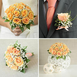 A close-up portrait of a boutonnière shows the craft of pairing a single peach rosebud with delicate accents for an intimate touch against a dark suit. The rose sits slightly open, its velvety petals threaded with warm apricot and coral undertones; around it, tiny sprays of gypsophila scatter like soft confetti, lending an ethereal lightness that contrasts with the rose's rounded form. A whisper of greenery-slender ruscus or similar foliage-fans gently behind the bud, adding a cool green frame and a crisp texture against the smooth wool of a charcoal or deep navy jacket. A small peach-coloured ribbon is tied at the base in a neat bow, echoing the coral tie beneath the lapel and the clean white of the shirt, creating a refined, harmonious trio of colour and fabric. The composition is intimate and tactile: the matte finish of the suit, the soft sheen of the rose, the tiny cluster of baby's breath, and the ribbon's faint satiny glimmer. Light brushes across the lapel and petals in soft, directional daylight, the kind you might find filtering through trees near Swains Lane or the quiet streets off Highgate West Hill on a late spring morning. As a florist who knows these neighbourhoods, I imagine this boutonnière pinned just before the vows, a small emblem of careful coordination and calm confidence-a finishing detail chosen to sit close to the heart and to catch a guest's eye without saying a word.