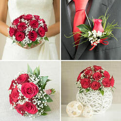 This four-part wedding collage presents a cohesive red and white floral theme, the kind of classic design often requested by couples marrying around Highgate Village. In the top-left panel, a bride in a white lace wedding dress gently holds a rounded bouquet formed from dozens of rich red roses. The roses are tightly clustered, their velvety petals forming a luxurious dome, softened by a halo of white baby's breath and a discreet collar of green foliage. The lighting is soft and flattering, highlighting the contrast between the deep crimson blooms and the purity of the gown's lace, evoking a sense of anticipation just before walking down the aisle. The top-right panel focuses closely on the groom's boutonniere, fixed neatly to a dark grey suit jacket. A single red rosebud, still slightly closed, is framed by fine sprigs of gypsophila, slim pointed leaves, and a few strands of decorative grass, all gathered at the base with a narrow red satin ribbon that harmonises with his vivid red tie. Below, in the bottom-left image, a second bouquet similar to the bride's rests on a light grey textured surface, its open roses and abundant gypsophila appearing even more generous. The stems are bound with red and white striped twine, suggesting a handmade, artisanal touch akin to what a local Highgate florist might prepare for same-day delivery to nearby ceremony venues. Finally, the bottom-right panel shows a modern table centerpiece: a compact mound of red roses and baby's breath placed atop a sculptural white lattice sphere, flanked by two smaller woven orbs in natural tones. This final arrangement brings the romantic palette onto the reception table, ideal for an intimate gathering near Hampstead Heath, tying the entire floral story together.