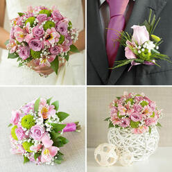 In this collage of four coordinated images, a Highgate-style wedding palette of soft pinks, lilacs, and crisp greens is interpreted through bouquet, boutonniere, and table flowers. The top-left image shows the bride from the shoulders down in a white lace gown, the intricate pattern of the lace framing a compact, domed bouquet held at her waist. Light pink and lavender roses, some just starting to unfurl and others fully open, mingle with bright green button chrysanthemums, giving a lively contrast. Pink alstroemeria, detailed with yellow and deeper pink speckles, peeks out between the roses, while feathery white baby's breath softens the edges. Glossy green leaves form a collar around the flowers, making the colours stand out as if in gentle afternoon light drifting over Highgate Wood. In the top-right panel, a close-up of a groom's dark charcoal suit and bold fuchsia tie highlights a small, refined boutonniere pinned securely to the lapel. It features a single blush-pink rosebud, two or three tiny green button chrysanthemums, sprigs of baby's breath, and a few narrow strands of decorative grass, all wrapped at the base with a slim pink ribbon so the design feels perfectly matched to the bridal bouquet. In the bottom-left panel, a similar bouquet is laid horizontally on a light beige, slightly textured fabric, the stems aligned and bound in a bright fuchsia ribbon, allowing you to imagine the comfortable grip and smooth finish. The bottom-right panel presents a low, rounded centerpiece on a white surface, arranged in a white spherical vase with a woven or lattice structure, accompanied by two smaller pale woven spheres, creating a cohesive table look for receptions in and around Highgate.