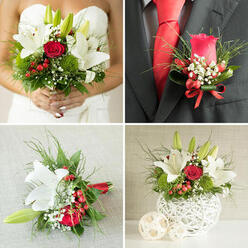 The groom's boutonniere, set neatly against the lapel of a dark suit, is a small yet powerful expression of wedding style, the sort of thoughtful finishing touch often chosen by couples celebrating in Highgate's elegant venues. At its focal point is a single red rose, its petals rich and velvety, spiralling inward in a deep crimson that suggests both romance and strength. The flower's shape is tight and sculpted, giving the boutonniere a refined profile that pairs effortlessly with a polished tie in a similar shade. Surrounding the rose, carefully selected green foliage offers contrast: slim, shapely leaves provide a clean outline, their glossy surfaces catching the light as the groom moves. Interspersed among the greenery are miniature berries, rounded and slightly matte, adding subtle texture and a hint of seasonal character that might evoke walks through Waterlow Park in late autumn. Wisps of baby's breath are tucked in between, their tiny white blooms introducing a soft, airy quality and a nod to traditional wedding florals. The stems are wrapped neatly, keeping everything secure and discreet, so only the beauty of the blooms and foliage is visible. Under gentle lighting-perhaps in a Highgate church doorway or at a reception overlooking the Heath-the interplay of textures becomes evident: the smooth rose, firm leaves, and delicate sprays create a small but captivating composition. This boutonniere feels timeless yet personal, ideal for framing the groom's face in photographs, for the embrace of congratulations, and for those quiet moments before the ceremony begins. Worn close to the heart, it becomes more than just an accessory; it is a living symbol of love, commitment, and the day's joyful importance.