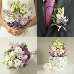 A wedding bouquet lies cradled on a white linen-draped table, the composition a serene blend of cool morning tones that might easily echo the soft light over Highgate Wood. At its core, plush white lisianthus unfurl like layers of satin, each petal smooth and slightly ruffled, giving the bouquet a sense of gentle fullness. Around them, pastel hydrangea heads nestle like clouds, their tiny clustered florets forming a powdery cushion of blue-lilac and soft ivory. Sprinkled between are playful stems of lilac allium, their star-shaped blooms forming rounded, textural bursts that punctuate the arrangement with a whimsical edge. Crisp, fresh greenery is threaded throughout, with leaves that arch and tilt, guiding the eye from one bloom to the next while framing the bouquet's refined, rounded shape. The stems are neatly wrapped and secured, offering a comfortable, confident grip for the walk down the aisle, whether that's to a church off Highgate Hill or a chic townhouse ceremony. Light catches along the petals, giving them a delicate sheen that reads as youthful and calm rather than showy. The imagined scent is soft and layered: a wash of floral sweetness, a hint of green freshness, nothing overpowering, just a quiet presence. This bouquet feels versatile and deeply personal, ideal for being carried, displayed in a clear vase at the reception, or held close for pre-ceremony portraits, reflecting the thoughtful, seasoned craftsmanship of a local florist who understands how to translate emotion into flowers for couples celebrating in and around Highgate.