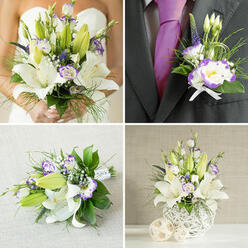 This four-image composition conveys a single wedding palette: soft white and regal purple rendered with floral precision under tender, flattering light. In the top-left frame a bride in a strapless gown holds a lush bridal bouquet composed around large, fragrant white oriental lilies - some fully unfurled, others in promising bud - paired with white Eustoma whose petals are delicately rimmed in vivid purple. Interspersed are tiny unopened buds, feathery gypsophila, thin spires of deep purple veronica and a layered mix of fine grasses and broader green foliage that creates a feeling of depth and gentle motion. The top-right close-up of a groom's charcoal grey jacket shows a coordinated boutonniere: a single open white Lisianthus edged in purple, a small lily bud and a touch of spiky purple accents, all tied with a small white ribbon bow and set against a rich purple silk tie that echoes the bouquet's accents. The bottom-left image shows a smaller hand-tied bridesmaid's or toss bouquet laid on textured beige fabric, stems wrapped in white ribbon to reveal clean, elegant finishing. The bottom-right offers a tall centerpiece in a modern white woven spherical vase, overflowing with the same elegant lilies, purple-edged Lisianthus and trailing green foliage, placed beside two woven beige spheres on a light surface for a cohesive table vignette. As a local florist might imagine it-suitable for a Highgate Village reception near Highgate Cemetery or Hampstead Heath-this collection balances classic scent, tactile contrasts and a quiet, celebratory grace.