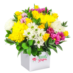 Set against a seamless white background, a cheerful, rounded bouquet rises from a pristine white cube box, its colours and textures forming a lively tapestry. The design is built around sunny yellow tones, with large, plush chrysanthemums and petite spray roses clustering together to create a golden canopy of petals. Some rosebuds are tightly curled, others just beginning to open, contributing to a sense of life and gentle movement. Balancing this brightness, clusters of white daisy-like chrysanthemums with green centres and fuller white chrysanthemums weave softly through the arrangement, adding airy lightness and clean definition. Winding between the yellow and white blooms are velvety fuchsia and magenta chrysanthemums, their rich hues occasionally softening into pale pink at the tips, much like the subtle colour shifts you might notice in the flower beds around Waterlow Park. The dark green foliage at the base and nestled among the flowers is glossy and structured, chosen to support the blooms while framing their colours in a natural-looking way. The white cube box, with its smooth surfaces and sharp edges, serves as a sleek, contemporary vessel that turns the bouquet into a ready-made gift, easy to place on a Highgate windowsill or dining table. This arrangement feels ideal for a modestly priced yet impactful surprise-something a local florist in Highgate might send out for a birthday, a get well soon, or a thoughtful note of encouragement to someone living near Highgate Village or Archway Road, bringing a burst of springlike optimism indoors.