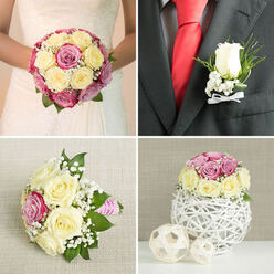 This image is a four-part collage of wedding flowers, thoughtfully styled to show how one colour story can flow from ceremony to reception, much like a celebration moving from Highgate's leafy streets into a cosy local venue. In the top left panel, a bride's torso is framed against a softly blurred background, drawing attention to her round bouquet. The flowers are tightly clustered cream and pale yellow roses, enriched with dusky pink and mauve roses. Baby's breath peeks between the blooms, with just enough greenery to give depth without breaking the neat silhouette. The white gown, with subtle lace on the bodice, makes the roses' warm tones glow. In the top right panel, a close-up of the groom's chest shows a dark grey suit, crisp white shirt, and vivid red silk tie. At the lapel, a small boutonniere stands out: a single white rosebud, flanked by tiny white filler flowers and a sprig of foliage, its stems wrapped in a narrow white satin bow. It feels elegant, measured, and reassuringly traditional. The bottom left panel shifts the mood slightly with a bridesmaid's posy lying on an off-white linen cloth. The arrangement mirrors the bridal bouquet with cream and pale yellow roses, plus bright pink accents, but is a touch looser and more playful. Baby's breath spills out between the blooms, and a pink-and-white striped ribbon neatly finishes the stems. In the bottom right, the same flower mix is transformed into a compact table centerpiece, placed atop a sculptural white twig sphere. Two smaller woven balls rest alongside, all set against a pale, neutral backdrop that suggests a laid-back but refined reception, perhaps in a Highgate gastropub or intimate hall. The collage as a whole shows how coordinated wedding flowers can tie together every moment of the day.