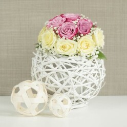 A rounded bouquet of roses floats visually above a sculptural white wicker globe, forming a centerpiece that feels both contemporary and romantic, like something prepared for a Highgate wedding table. The dome of flowers is compact and lush, comprised of roughly a dozen roses in two coordinated tones. Some blossoms are a soft, dreamy pink with hints of lavender-fuchsia, while others offer a creamy yellow and ivory glow, the colours weaving together as naturally as the tree-lined streets around Highgate Village. Nestled between the roses are wisps of white baby's breath, their tiny clustered blooms creating a fine, airy layer that softens the boundaries between each larger flower. The arrangement rises from a distinctive spherical vase shaped from slender white-painted wicker or branches, crisscrossed into an open cage that allows slivers of the central container and stems to peek through, adding depth and craftsmanship. To the left of the main centerpiece lie two decorative balls made from light, natural rattan or wood, one slightly larger than the other, their open, basket-like weave mirroring the structure of the vase and enhancing the organic, tactile quality of the scene. All of this rests against a gentle beige or light taupe background with a subtle, linen-like texture, similar to a calm interior wall in a Highgate home overlooking the Heath. Soft, diffuse light spills over the arrangement, highlighting the silky smooth petals and the more rugged wicker strands. The atmosphere is serene, ideal for a wedding breakfast, engagement celebration, or sophisticated dinner gathering, and reflects the kind of thoughtful design associated with Flowers Highgate and its local floral artistry.