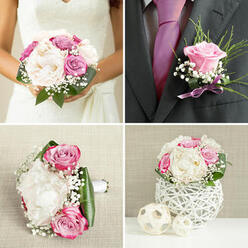 Laid out as if in a Highgate studio moments before delivery, this wedding collection captures an atmosphere of quiet romance and thoughtful craftsmanship. The main focus is the bride's bouquet, a lush hand-tied arrangement dominated by cream peonies and blush-pink roses. Their petals appear thick and satiny, layered one over another in generous curls, creating a sense of fullness and softness that seems to glow in the gentle light. Delicate white gypsophila weaves between the larger blooms in airy clusters, softening the overall silhouette and giving the bouquet a misty, almost ethereal halo. Among the pastel tones lie a few richer notes of magenta and lavender roses, adding depth and subtle drama without overpowering the gentle palette. Smooth, polished green leaves sweep around the flowers, framing them and grounding the composition. Nearby lies the groom's boutonnière: a single lilac rose, partially opened, resting against fine sprays of baby's breath and feathery greenery, all bound with a narrow lavender ribbon that reflects a faint shimmer. The flowers are arranged on a neutral surface bathed in soft, natural light, reminiscent of morning brightness drifting across a Highgate terrace near Hampstead Lane. Shadows are mild and understated, just enough to reveal the contours of each petal and leaf. The scene conveys a feeling of poised anticipation, as if these pieces are waiting to be lifted and carried into a ceremony in one of Highgate's leafy streets or historic churches. The fragrance of peony and rose, imagined but almost tangible, completes the impression of a day filled with warmth, whispered vows, and the gentle hum of celebration.