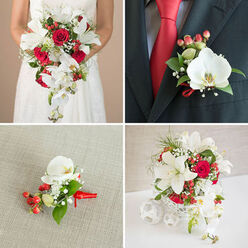 This quartet of images presents a cohesive wedding floral concept built around three simple, striking colours - passionate red, immaculate white and deep garden green - brought to life with red roses, white lilies and trailing white phalaenopsis orchids. The top-left photograph captures a bride from mid-torso down, the bouquet cradled against a pale beige backdrop; the lilies open wide like soft stars, the roses are velvet tight and the phalaenopsis trail elegantly, creating a waterfall effect that complements the lace detail on her white gown. The interplay of smooth orchid petals, waxy hypericum berries and feathery baby's breath gives a layered texture that is almost audible in its hush, while the overall scent reads as a gentle meld of rose warmth and lily freshness. In the top-right panel an understated boutonniere is pinned to a charcoal suit lapel, the vivid red tie beneath picking up the berry tones; a single white phalaenopsis anchors the small arrangement, flanked by two clusters of red berries, tiny white sprays and a neat loop of red ribbon. The bottom-left close-up shows the matching corsage or boutonniere resting on a softly woven, light beige fabric, offering a clear view of craftsmanship and proportion. The bottom-right panel displays a decorative white woven vase on a white table, ringed by white sphere accents; the centerpiece reiterates the same floral vocabulary - lilies, roses, orchids, hypericum and delicate greens - a refined ensemble that would suit a ceremony near Highgate Village or a reception with views toward Waterlow Park.
