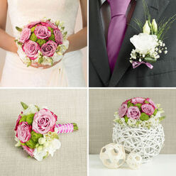 This photograph shows an elegantly coordinated wedding set-a bridal bouquet and boutonnière-styled as if ready for a ceremony in one of Highgate's historic churches or intimate garden venues. The bouquet is full and rounded, dominated by blowsy mauve-pink roses whose velvety petals blend tones of blush, lilac, and soft rose, creating the effect of gently layered watercolour. Between these roses, bright green button chrysanthemums bring structure and cheerful contrast, their tidy, globe-shaped blooms adding a contemporary twist that keeps the design fresh. Encircling the central flowers are creamy white lisianthus and similarly toned blossoms, their frilled edges and soft folds forming a halo that feels both romantic and serene, like a light mist over Highgate Cemetery's old stone paths. Slender leafy stems and fine greenery arc gracefully through the arrangement, giving depth and a sense of organic movement, as though the bouquet had been gathered from a secluded Highgate garden after a morning rain. The stems are carefully bound with a smooth wrap of pink and white satin ribbon, the colours echoing the blooms while providing a comfortable, polished handle. Beside the bouquet lies the matching boutonnière: a single pure white flower bud framed by airy greenery and finished with a narrow band of lavender ribbon. Its simplicity balances the lushness of the bouquet, tying the look together for the couple. Soft, even light bathes the flowers, bringing out subtle shadows along the petals and highlighting the careful craftsmanship of a Highgate florist who understands the understated elegance many local couples seek.
