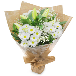 An elegant hand-tied bouquet rendered in a fresh white-and-green palette, shown upright against a crisp white studio backdrop. The central mass is dominated by abundant white chrysanthemums that resemble cheerful daisies; each bloom fans numerous narrow petals from a soft yellow centre, creating a bright, optimistic focal point. Interspersed among these are slender, pale green-yellow lily buds-some gently striped-that stand vertically and suggest imminent unfurling, adding architectural grace and a quiet hint of perfume. Delicate sprays of baby's breath (Gypsophila) are sprinkled through the arrangement like mist, their tiny white florets introducing a soft, cloud-like texture that cushions the larger blooms. Lush dark-green foliage underpins the bouquet, giving contrast and depth while accentuating the purity of the whites.

The florist's finishing touch is two layers of wrapping: an inner sheet of natural crinkled kraft paper gives an organic, hand-crafted feel, while an outer clear cellophane wrap protects the flowers and allows every petal and bud to be seen. The base is gathered and tied to form a tidy handle and a stable stand. In the softer daylight typical of a Highgate morning-the kind you might enjoy on a stroll from Highgate Village toward Hampstead Heath-the arrangement reads as quietly hopeful and composed. As an experienced local florist, I note how the understated scent pairs well with baked bread from nearby bakeries or the cool air by the pond.

Versatile and sincere, this bouquet suits many occasions: sympathy, a gentle congratulations, or a thoughtful 'thinking of you'. Flowers Highgate prepares and delivers similar hand-tied bouquets for local drop-offs across Highgate and neighbouring streets, always balancing freshness with classic restraint.