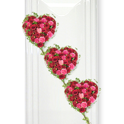 Three striking heart-shaped floral tributes fill this image, cascading gracefully in a vertical line against a flawless white background that allows every bloom to stand out with clarity. Each heart is completely made of roses, carefully packed so closely that they form a thick, cushion-like surface of petals in rich reds and pinks. Deep crimson roses are prominent, their velvety petals creating a serious, passionate tone, while scattered among them are brighter fuchsia and softer blush-pink blossoms that introduce gentleness and light. The variation in petal size and openness-from tight buds to fully unfurled roses-adds depth and a natural rhythm to the design. Framing each heart is a delicate outline of fresh green ivy, the narrow stems tracing the curves with an organic, climbing movement. The ivy leaves are small and sharply pointed, a vivid, glossy green that contrasts beautifully with the warmth of the roses. These trailing vines stretch between the hearts, linking them together visually, as though representing the connection between generations or the unbroken bond within a family. The clean white backdrop, with barely noticeable vertical lines suggesting a panelled wall, provides a calm, almost chapel-like setting similar to what you might find near Highgate's tranquil churches or the quiet corners of Highgate Wood. Gentle, even lighting softens the edges of the petals and brings out the subtle differences in red and pink hues. This arrangement carries a strong emotional message of love, remembrance, and unity, making it an ideal funeral tribute for a loved one who valued romance, family closeness, and beauty in everyday life.