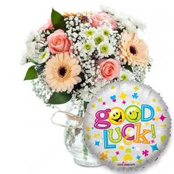 This image captures a joyful good-luck ensemble, composed to feel intimate and reassuring. A full bouquet rests in a clear glass vase, the neck tied with rustic twine, the flowers arranged to feel generous but relaxed. Soft peachy-orange Gerbera daisies with their dark brown centres offer broad, upbeat faces; delicate pale pink roses sit close by with tightly furled petals that promise a slow, lingering scent; clouds of tiny white Gypsophila thread through the arrangement like lace, and compact clusters of white and lime-green chrysanthemum florets introduce a crisp, energetic counterpoint. Rich green foliage frames the blooms, giving weight and shadow so the pastel tones read with dimensionality under gentle, even light. Dominating the foreground to the right is a shiny silver foil balloon printed with playful confetti, stars and hearts; its large, colourful type spells out "Good Luck!" in a bouncy, multi-coloured font, the two o's in "Good" replaced by yellow smiley faces-one winking, the other cheekily sticking its tongue out-making the sentiment warm and slightly mischievous. The silver surface catches reflections that make the colours pop against the white background. The composition feels like the kind of thoughtful send-off people choose around Highgate Pond or for a student moving on to university, a quiet way to say encouragement and hope. The tactile contrasts-the soft rose petals, the firm gerbera disks, the crunchy chrysanthemum clusters and the smooth metallic balloon-make this a comforting, celebratory image that reads equally well in print or online for local gift and well-wishing occasions.