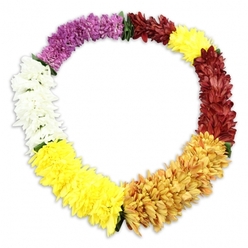 An oval lei inspired by Hawaiian tradition is shown alone against a pristine white background, its loop symbolising continuity and remembrance in a way that feels fitting for a Highgate funeral or memorial. The garland is thick with artificial blossoms that resemble ruffled chrysanthemums, each bloom composed of many fine petals that create a soft, almost feathery surface. The colours unfold around the circle in a gentle progression. At the uppermost point, a band of deep purple begins the story, solemn yet beautiful, before yielding to a section of clear white blooms that feel as peaceful as the quiet paths through Highgate Cemetery. The white then eases into bright, cheerful yellow, which gradually matures into a warm golden yellow and amber tone, as if lit by a low sun over Parliament Hill. This warmth darkens into a section of maroon or reddish-brown flowers, adding a grounded, reflective mood typical of floral tributes at local churches and chapels. The circle concludes with a final area of bright yellow, reconnecting with the earlier tones and suggesting the light that can still be found in memory. Tiny touches of dark green separators peep through where colours change, a sign of the thoughtful construction that a skilled florist might use when preparing a bespoke lei for delivery across Highgate and neighbouring areas. The lei casts a subtle, diffused shadow on the white backdrop, giving it a gentle three-dimensional quality and making the oval shape feel almost tangible. Although the flowers are long-lasting and artificial, the arrangement conveys the welcoming aloha spirit, making it an evocative and slightly unconventional choice for honouring a loved one at a farewell gathering or cremation service.