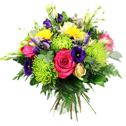 Photographed against a clean white backdrop, this hand-tied bouquet looks as if it has just been gathered from an elegant Highgate townhouse garden in full bloom. Dominating the central view are several full hot pink roses, their petals thick and velvety, unfolding in lavish spirals that suggest heartfelt emotion and lavish celebration. Interlaced with them are exuberant lime green spider chrysanthemums, whose fine, spidery petals push outward in every direction, creating a sculptural, almost firework-like effect that injects energy and movement. Deep indigo and purple lisianthus blooms wind through the arrangement, some fully open with delicately ruffled edges, others still in neatly tapered buds, offering a rich contrast and a sense of refinement that feels at home near Highgate's historic streets and grand architecture. Punctuating this vivid palette are bright yellow gerbera-style flowers, their round, daisy-like faces glowing like miniature suns, instantly lifting the mood of the composition. A single creamy yellow rosebud, still tightly furled, nestles among the foliage, adding a subtle, romantic detail. Smaller lavender and blush-toned filler flowers slip between the larger blooms, softening colour transitions and lending a touch of meadow-like charm. Rising from the clustered heads, slender green buds and stems introduce height and a sense of natural spontaneity, echoing the wilder corners of nearby Hampstead Heath. A lush foundation of foliage frames everything: broad, dark green leaves, softly arched fern fronds, and muted eucalyptus-like sprigs that spill slightly beyond the blooms, giving the bouquet depth and structure. The overall effect is vibrant yet harmonious, making this arrangement ideal as a centrepiece for a Highgate dinner party, a joyful birthday surprise, or a thoughtful gesture delivered to a friend across N6 who needs a burst of colour and warmth.