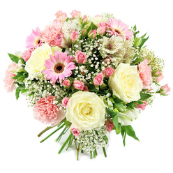 A hand-tied bouquet brimming with pastel blooms is captured against a bright, uncluttered white background, giving the impression that it is gently floating in light. Creamy ivory roses form the heart of the design, their petals unfolding in precise, velvety layers that bring a sense of quiet elegance. Nestled around them, clusters of pink spray roses bring a more relaxed, garden-like feel, with tiny buds and half-open blossoms scattered throughout like small, rosy stars. A few striking pink gerbera daisies break through the softer tones, their broad, even petals and dark central disks adding a contemporary flair and a cheerful intensity of colour. Pale pink carnations, edged with fine ruffles, create a soft halo around the central roses, adding texture and fullness that make the arrangement look inviting and generous. Among these larger flowers, white alstroemeria blooms offer a lighter, more elongated shape, their petals detailed with subtle speckles that look almost hand-painted. Airy sprigs of white gypsophila thread through the bouquet, making it appear even more voluminous while still delicate, like mist hanging over Highgate Wood on an early morning. Fresh green leaves and stems weave in and out, anchoring the pastels and giving the design its natural, just-cut freshness. The bundled stems at the base, carefully aligned, reveal the skilled work behind this composition. The mood is one of tenderness and hope, a bouquet well suited for birthdays, Mother's Day, or simply to brighten a home in Highgate-whether that home is atop the hill in the village, near Highgate Cemetery, or along the leafy streets that run down towards Archway.