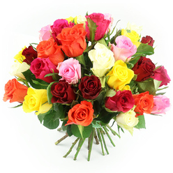 An opulent bouquet of freshly cut roses in a spectrum of colours appears against a pristine white background, looking as though it has just been arranged on a workbench in a Highgate flower studio. The design is a generous, dome-shaped cluster of blooms, packed so closely that the roses create a soft, textured mound of colour. Deep red and burgundy roses add drama and romance, while bright yellows and golds bring in a note of sunshine reminiscent of a walk through Waterlow Park on a clear day. Soft blush and pastel pinks, along with striking fuchsia blossoms, weave through the ensemble to add lightness and flair, and glowing orange roses provide warmth that suggests celebrations and toasts shared in local homes and cafés. Creamy white or ivory flowers are scattered throughout, lifting the palette and supplying gentle contrast without ever feeling stark. Each rose is rendered in sharp detail: you can almost feel the subtle resistance of the tightly layered petals and imagine the faintly cool, satiny surface beneath your fingertips. Some blooms are fully open, with generous, cupped forms; others remain semi-open, holding back a little and adding visual depth. Dark green leaves peep out between the petals, their slightly glossy surfaces and serrated edges offering a pleasing contrast of texture. Beneath the flower heads, the straight green stems are gathered neatly and secured with a green and white checkered ribbon, tied firmly but with a relaxed, hand-made look, as though prepared for delivery to a townhouse near Highgate Village. The bouquet rests lightly on the white surface, its stems splaying gently, while the bright, even lighting helps the colours sing without casting harsh shadows. Overall, the scene suggests a gift chosen with care, perfect for anniversaries, milestones, or a spontaneous act of kindness.