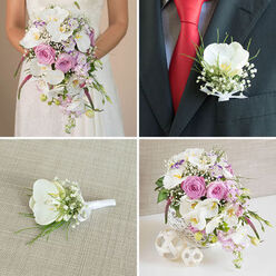 This detailed four-part collage presents a harmoniously styled set of wedding flowers that could easily grace a celebration in Highgate Village, tying every element together through white orchids and romantic pink tones. In the top left frame, we see a bride from the waist down, her white lace dress forming a delicate backdrop for a cascading bouquet that seems to flow like water. Velvety blush pink garden roses nestle among sweeping stems of white phalaenopsis orchids, their yellow centres glowing softly. Wisps of lavender stock and cloud-like baby's breath weave between glossy green foliage, while deep pink, almost fuchsia, spiky accents add a lively note, giving the bouquet dimension and movement as it trails gracefully toward the hem of the gown. Top right, the lens moves in close on the groom's outfit: a charcoal or black suit with a vivid red tie and patterned shirt. On his lapel, a single pristine phalaenopsis orchid is framed by tiny sprigs of gypsophila and slim green leaves, all neatly bound with white satin ribbon, reflecting the same flowers chosen for the bridal bouquet so the couple appear beautifully coordinated as they might walk through Highgate Wood for photos. The bottom left image isolates this boutonniere, laid flat on a textured light beige fabric, perhaps the linen of a dressing table or venue cloth, showcasing every detail of the ribbon wrapping and the curve of each petal. In the bottom right, a matching centerpiece rests on a white surface, arranged in a white woven or lattice-patterned cylindrical vase, surrounded by two decorative white spheres. White orchids arc over pink roses, lavender stock, baby's breath, and greenery, echoing the bridal bouquet's colour story and completing a cohesive wedding floral collection, ready for delivery to a local Highgate reception space.