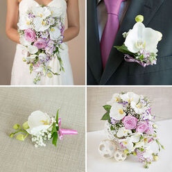 This collage of four wedding images feels like a gentle stroll through a Highgate ceremony set-up, each frame revealing a different facet of the same romantic floral vision. The top-left panel focuses on the bride's torso as she holds a large cascading bouquet against her strapless white gown. White phalaenopsis orchids pour over the edge of the bouquet, their wide petals almost glowing, surrounded by blush pink and soft lavender roses, fine purple accents, and sprigs of baby's breath. A few strands of trailing greenery add movement, so the bouquet appears to flow in harmony with the gown's line. To the right, a close-up in the top panel shows the groom's charcoal-grey suit, with a single white phalaenopsis orchid boutonniere sitting precisely on his lapel. Around it, clusters of lavender filler flowers and a touch of green foliage soften the edges, while a slim purple ribbon coordinates with his magenta tie, quietly mirroring the colours in the bride's flowers. In the bottom-left image, another boutonniere is carefully styled on pale, textured fabric, revealing every detail of the florist's craftsmanship: a fresh orchid bud, white baby's breath, and greenery bound with a bright pink ribbon, suitable for a groom or groomsman arriving from nearby streets like Highgate High Street or Swain's Lane. The final bottom-right frame presents a showpiece cascading arrangement in a white woven vase set on a white surface. The same white orchids, pink and lavender roses, purple filler blooms, and delicate baby's breath pay homage to the bridal bouquet, while three white woven decorative spheres arranged beside the vase echo the container's pattern, creating a cohesive, elegant wedding look.