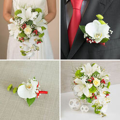 This four-panel image presents a cohesive Highgate-inspired wedding design built around white lilies and orchids with fresh green and red accents, as if prepared for a ceremony overlooking Waterlow Park. In the top-left frame, a bride, cropped from the chest down, stands against a gentle beige background in a subtly textured white gown. In her hands is a lush, cascading bouquet dominated by broad, star-shaped oriental lilies in pure white, their stamens adding a hint of depth at the centre of each bloom. Draping from the bouquet's core, slender stems of Phalaenopsis orchids trail in a soft waterfall, each blossom immaculate and slightly translucent, like porcelain. A warm cream rose nestles amid the composition, framed by bright green spherical flowers, glossy red berries that echo the colour of love, and delicate clusters of baby's breath. Wispy greenery and fine grasses weave through the design, giving the bouquet movement and a garden-fresh feel. The top-right panel zooms in on a groom or male guest dressed in a dark suit, white shirt, and vivid red tie, his lapel adorned with a matching boutonnière of a single white orchid, a touch of green button flower, and tiny white filler blooms, all tied with a narrow red ribbon. In the bottom-left frame, that same boutonnière rests on a light beige linen-like fabric, allowing the textures of the petal, leaf, and satin ribbon to stand out. The bottom-right image shows the bridal bouquet standing in a white, basket-textured vase on a bright white surface, flanked by three white woven spheres, suggesting a serene, contemporary wedding reception scene somewhere near Highgate's leafy streets, where every floral detail has been considered.