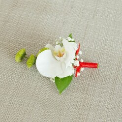 A sophisticated floral boutonniere rests on a pale beige, linen-like fabric with a slightly coarse weave, evoking the relaxed elegance of a Highgate townhouse drawing room prepared for a wedding morning. At the centre, a flawless white phalaenopsis orchid blooms with quiet drama, its large, satin-smooth petals unfolding like gentle wings. Inside the flower, the throat reveals a tender wash of yellow that deepens into subtle reddish-orange or light brown markings, a small, intricate world of colour that draws the eye inward. Around the orchid, a halo of delicate white baby's breath fills the negative space, each tiny bloom on its wiry stem catching the soft light and creating a cloud-like aura of texture, light as breath on a cool Hampstead Heath breeze. To the left, two compact lime-green chrysanthemum buds, spherical and almost fuzzy in appearance, add a crisp modern accent; their lively green tone feels young and contemporary, ideal for a groom who wants a hint of personality without straying from classic white. A generous deep-green leaf curves beneath the orchid to form a natural backdrop, while a smaller, darker leaf near the base adds structure and a subtle shadow. The stems are gathered and tightly wrapped in a rich crimson satin ribbon, the material smooth and lustrous, forming a clean cylindrical handle that finishes in a tidy knot. That bold ribbon injects a note of passion and festivity, perfect for ceremonies at local Highgate churches or intimate receptions along Swain's Lane. The overall image, softly lit, showcases the balance of white, green, and red, conveying an accessory crafted with care by an experienced florist for formal events, proms, and wedding parties.