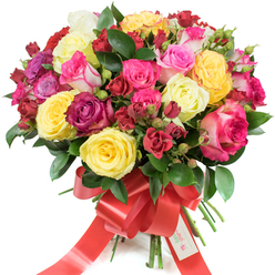 A lavish, tightly gathered posy of roses sits composed against a pure white field, each flower chosen for its shape, colour and the way it plays with light. The centerpiece includes generous hybrid tea roses opened wide beside clusters of smaller spray roses and delicate, almost-concealed buds, creating a rhythm of fullness and restraint. Colour is exuberant but balanced: cheerful yellow roses glow like sunlit moments, creamy whites offer quiet relief, and a spectrum of pinks - from whisper-soft blush to electric fuchsia and elegant pink-and-white bi-tones - threads through rich burgundy and romantic deep red blooms for contrast. Interwoven dark green foliage, likely ruscus or salal, gives the bouquet its structured, glossy base and makes the hues feel even more vibrant. The stems are bound with a broad red satin ribbon, formed into a graceful bow whose long tails spill downward; a small white tag tucked into the knot reads "Happy Holidays," adding a seasonal sentiment. In gentle daylight the petals seem velveteen to the touch and slightly luminous at the edges, while the arrangement's scent reads as fresh and subtly citrus-tinged - a clean rose aroma that lifts the spirit. As a florist might place it on a mantel or present it by hand, this bouquet expresses heartfelt celebration and affectionate intent, an ideal floral embrace for anniversaries, Valentine's Day, Mother's Day, or simply to brighten a home near Highgate Pond or the shops along Archway Road.
